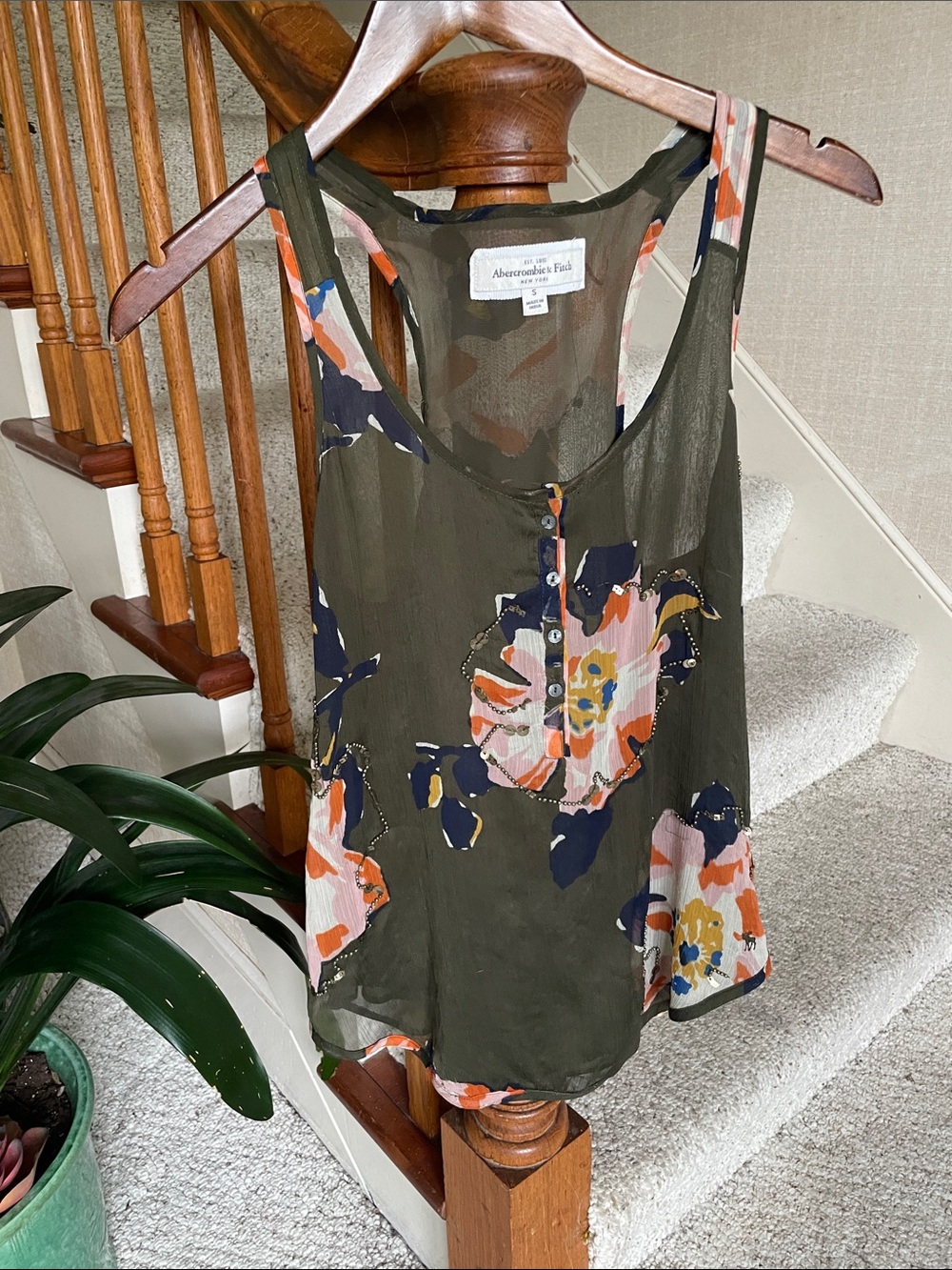 Abercrombie & Fitch Vintage 2000s Y2K Sheet Olive Floral Sequin Tank Top